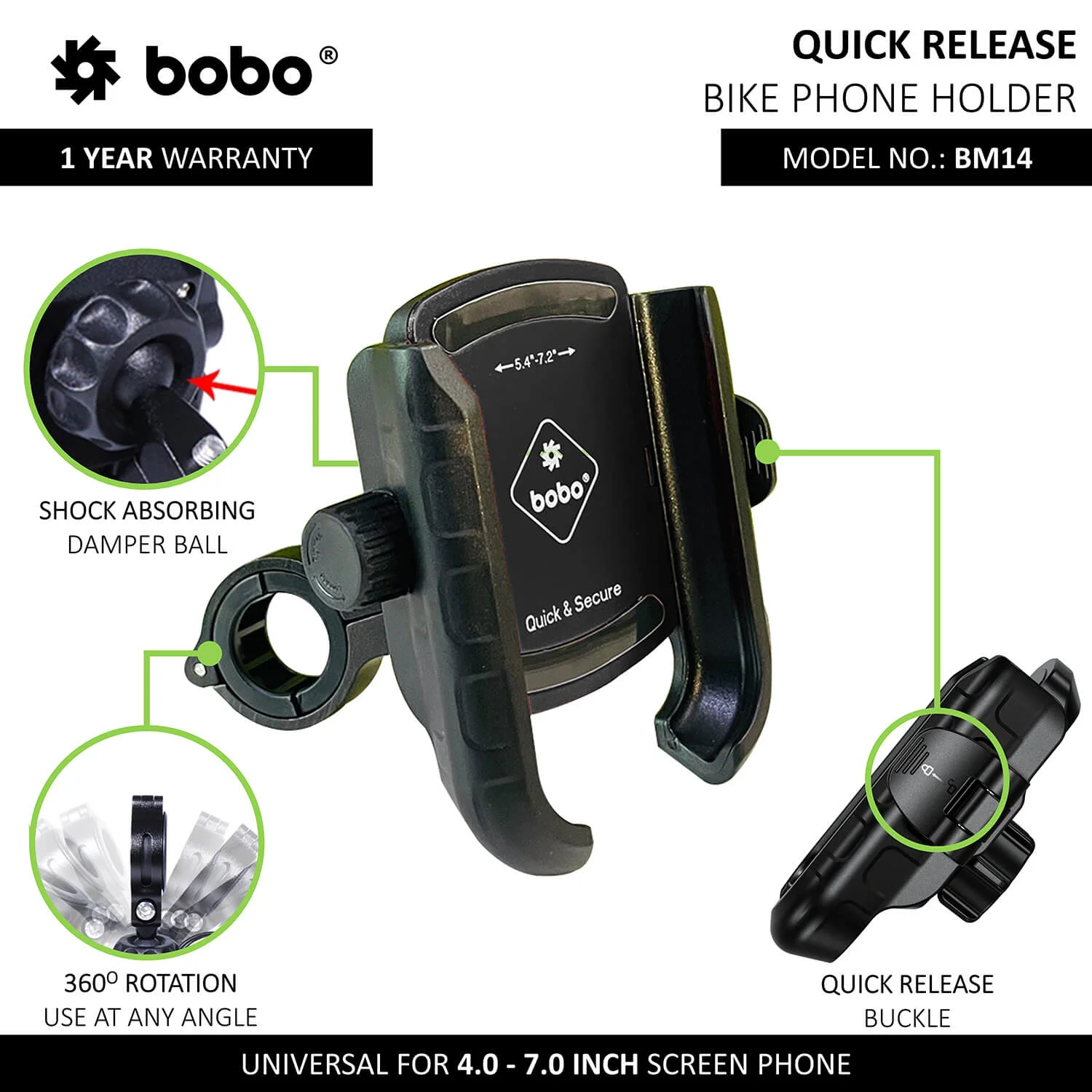 BOBO BM14 Quick Release Enhanced BM4 Bike / Cycle Phone Holder Motorcycle Mobile Mount - Image 2